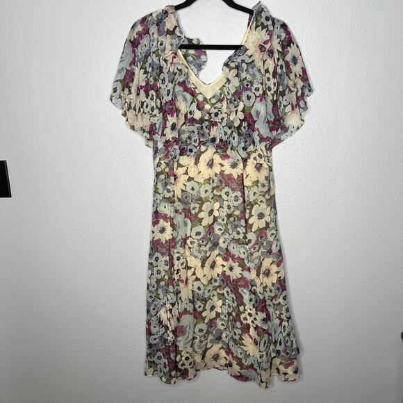 Calypso Faith Silk Floral Dress Purple V- Neck Empire Waist Flutter Sleeve Sz - Picture 2 of 5
